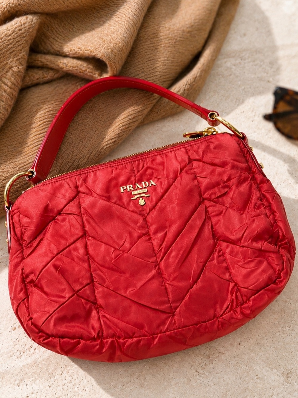 Prada Vintage Tessuto Crinkled Nylon Chevron Hobo Bag Red Gold Hardware
